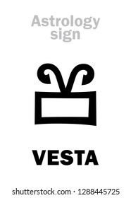 Astrology Alphabet: VESTA, classic asteroid #4. 
Hieroglyphics character sign (symbol used since 1807 year, meaning the fire on the hearth or altar).