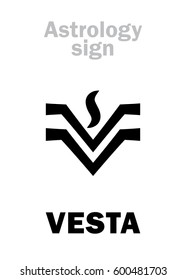 Astrology Alphabet: VESTA, classic asteroid. 
Hieroglyphics character sign (single symbol).