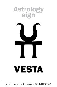 Astrology Alphabet: VESTA (Hestia), classic asteroid. 
Hieroglyphics character sign (single symbol).