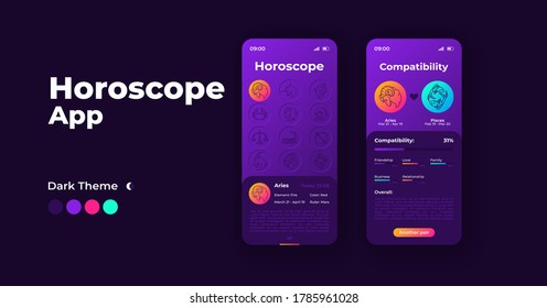 Astrology app cartoon smartphone interface vector templates set. Mobile app screen page night mode design. Daily horoscope and compatibility UI for application. Phone display with flat illustrations