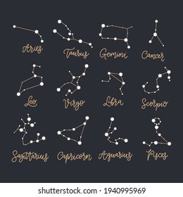 Astrology astronomy constellation set. Vector pisces, virgo leo, libra, sagittarius, scorpio and capricorn signs.