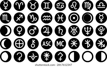 Astrology and astronomy icon set featuring zodiac signs, planetary symbols, lunar phases, and celestial points