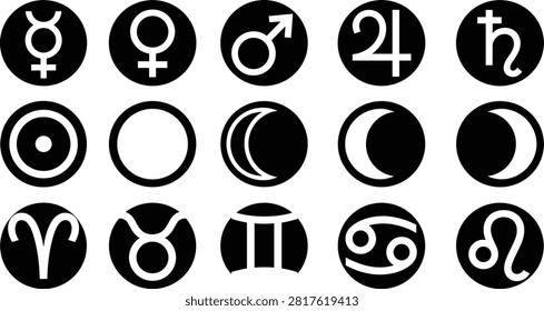 Astrology and astronomy icon set featuring planetary symbols, lunar phases, and zodiac signs