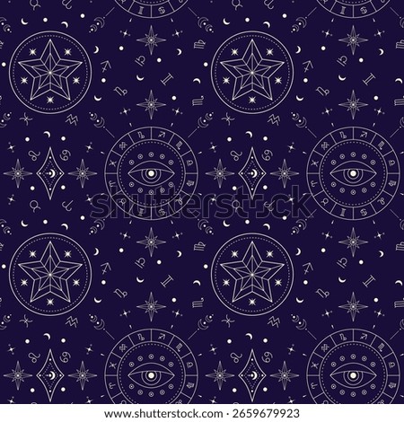 Astrology and astronomy illustration pattern. Tarot, sun, moon, star, zodiac, eye of god on a dark blue background. 12 zodiac signs and symbols of astrology vector.  wrapping paper. gypzy style