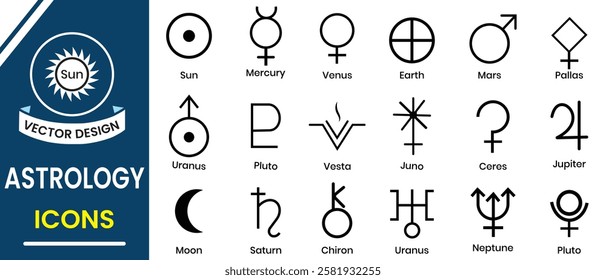 Astrology and astronomy planet symbols, icon set. Outline icons, set of symbols for horoscope isolated on white background. Ancient astrology and astronomy,  Mystic planetary signs. Solar system.