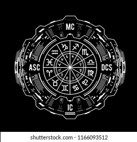 Astrology background. Natal chart, zodiac signs, houses and significators. HUD Interface futuristic design. Vector illustration