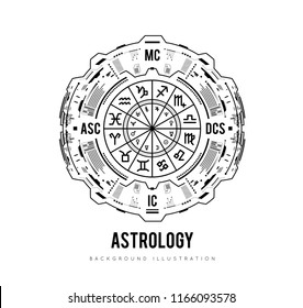 Astrology background. Natal chart, zodiac signs, houses and significators. HUD Interface futuristic design. Vector illustration