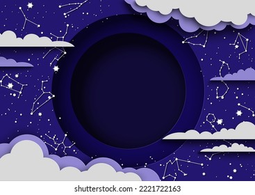 Astrologischer Hintergrund. Astrologie-Vektorgrafik. Sternenhimmel mit Mond, Zodiakzeichen und Wolkenpapier schneiden 3D Kunsthandwerk Illustration. Abstraktes kosmisches Design mit Kopienraum für Werbetext