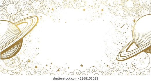 Banner de astrología con planeta dorado saturn y estrellas, plantilla de boho vintage con espacio de copia para texto, horóscopo y zodiaco. Ilustración vectorial moderna aislada en fondo blanco.