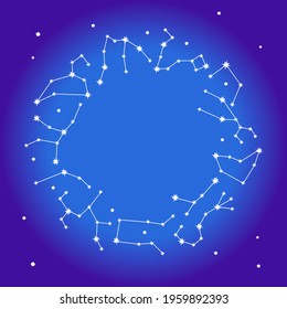 Astrology banner with zodiac constellation symbols. Round poster with connected shining star signs. Vector illustration.