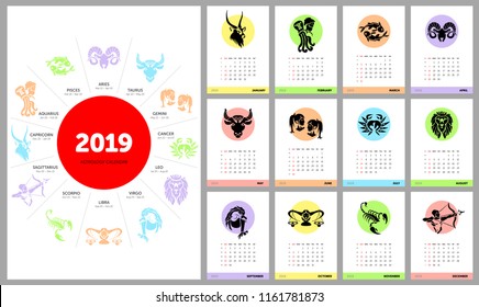 Astrology calendar 2019 with horoscope signs zodiac symbols set, flat colored illustration, template with week number. Can be used for web, print, card, poster, banner, bookmark. Week starts on sunday