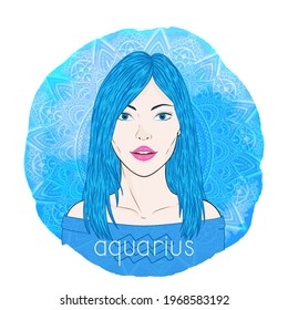 Astrology card with zodiac sign Aquarius and beautiful woman portrait on a decorative watercolor background with pattern. Air element. Vector illustration.