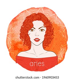 Astrology card with zodiac sign Aries and beautiful woman portrait on a decorative watercolor background with pattern. Fire element. Vector illustration.