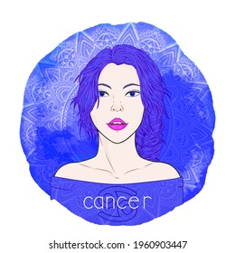 Astrology card with zodiac sign Cancer and beautiful woman portrait on a decorative watercolor background with pattern. Water element. Vector illustration.