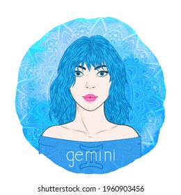 Astrology card with zodiac sign Gemini and beautiful woman portrait on a decorative watercolor background with pattern. Air element. Vector illustration.