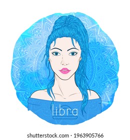 Astrology card with zodiac sign Libra and beautiful woman portrait on a decorative watercolor background with pattern. Air element. Vector illustration.