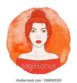 Astrology card with zodiac sign Sagittarius and beautiful woman portrait on a decorative watercolor background with pattern. Fire element. Vector illustration.