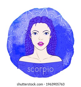 Astrology card with zodiac sign Scorpio and beautiful woman portrait on a decorative watercolor background with pattern. Water element. Vector illustration.