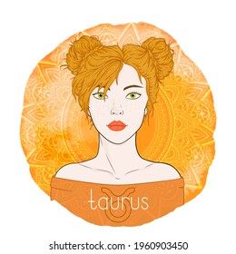 Astrology card with zodiac sign Taurus and beautiful woman portrait on a decorative watercolor background with pattern. Earth element. Vector illustration.