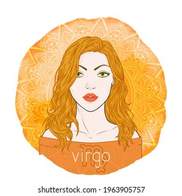 Astrology card with zodiac sign Virgo and beautiful woman portrait on a decorative watercolor background with pattern. Earth element. Vector illustration.