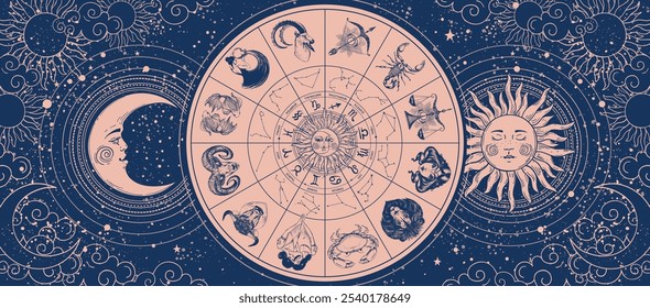 Astrology chart with 12 zodiac signs, sun and moon. Zodiac wheel on starry sky background, mystical vector banner.