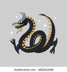 Astrology Chinese Dragon vector illustration. Poster, banner template, hand drawn art. Magic zodiac sign, symbol, mystic character design.