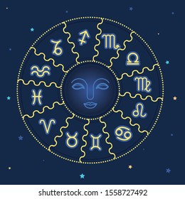 Astrology circle design, zodiac on blue background.