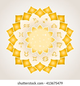 Astrology circle with signs of zodiac. Gold frame with zodiac astrological symbols. Vector illustration