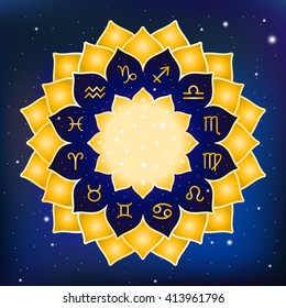 Astrology circle with signs of zodiac. Gold frame with zodiac astrological symbols. Blue sky space cosmic background. Vector illustration