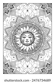 Astrology coloring page mandala for adults, sun with ornaments line, vector illustration print, mystical drawing of horoscope, zodiac, esoterics. Meditative creative therapy.