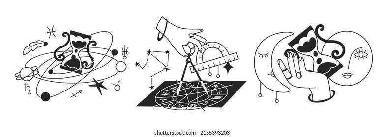 Astrology Composition. Drawing up a horoscope by date of birth and zodiac sign. Analysis of the characteristics of the planets and the lunar cycle. Astrological consultations. Vector illustration.