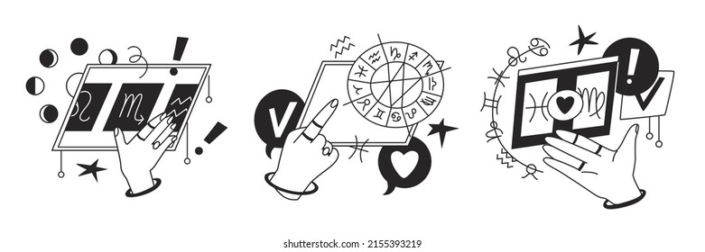 Astrology Composition. Drawing up a horoscope by date of birth and zodiac sign. Analysis of the characteristics of the planets and the lunar cycle. Astrological consultations. Vector illustration.