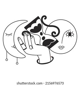 Astrology Composition. Drawing up a horoscope by date of birth and zodiac sign. Analysis of the characteristics of the planets and the lunar cycle. Astrological consultations. Vector illustration.