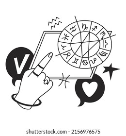Astrology Composition. Drawing up a horoscope by date of birth and zodiac sign. Analysis of the characteristics of the planets and the lunar cycle. Astrological consultations. Vector illustration.