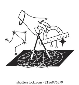 Composición Astrológica. Preparación de un horóscopo por fecha de nacimiento y signo de zodiaco. Análisis de las características de los planetas y del ciclo lunar. Consultas astrológicas. Ilustración vectorial.