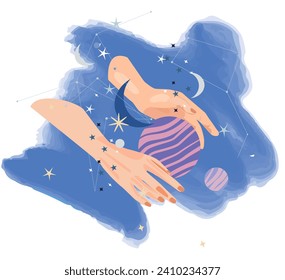 Astrology Compositions. Drawing up a horoscope by date of birth and zodiac sign. Planet of Light. Analysis of the characteristics of the planets and the lunar cycle. Blue background 