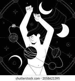 Astrology concept. Beautiful woman dancing with planets and moon. Vector flat cartoon illustration