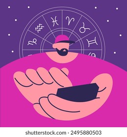 Concepto de astrología, personaje de Boy leyendo una carta natal, predicción futura en App. Ilustración vectorial plana.