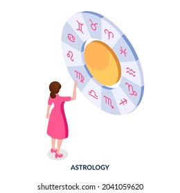 Astrology concept. The girl stands in front of the wheel with the signs of the zodiac. Isometric illustration on white background