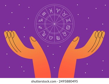 Concepto de astrología, Manos que muestran la carta natal, predicción futura. Ilustración vectorial plana.