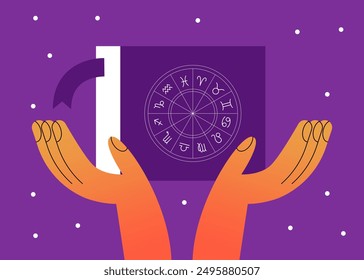 Concepto de astrología Lectura humana de una carta natal, predicción futura. Ilustración vectorial plana.