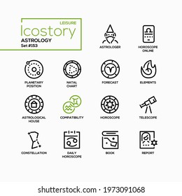 Astrology concept - line design style icons set. Horoscope online idea. Black images of an astrologer, planetary position, natal chart, forecast elements, astrological house, compatibility, telescope