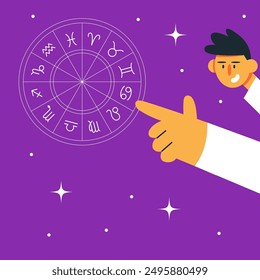 Concepto de astrología, personaje de hombre leyendo una carta natal, predicción futura. Ilustración vectorial plana.