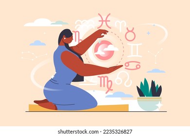 Astrology concept with people scene in flat design. Woman astrologer predicts fate and reads horoscope, works with zodiac signs and constellations. Vector illustration with character situation for web