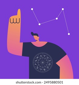 Concepto de astrología, personaje de Young Boy leyendo una carta natal, predicción futura. Ilustración vectorial plana.