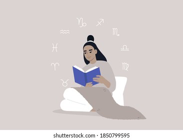 Astrology concept, a young female Asian character reading a book about zodiac signs