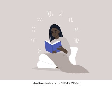 Astrology concept, a young female Black character reading a book about zodiac signs