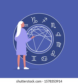 Astrology concept, Young female character reading a natal chart, future prediction