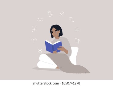 Astrology concept, a young female character reading a book about zodiac signs