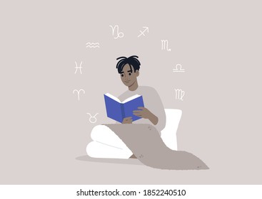 Astrology concept, a young male Black character reading a book about zodiac signs